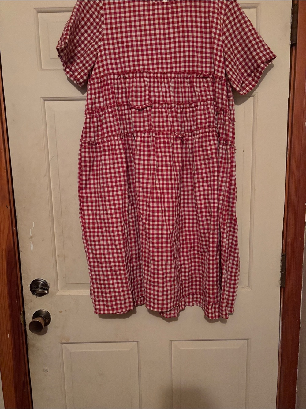 Red Gingham Short-Sleeve Tiered Women Dress